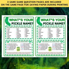 what's your pickle name? quiz game with two question pages on each side