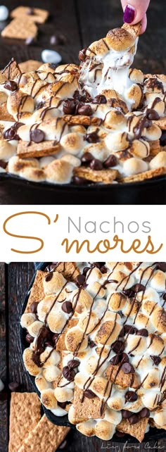 nachos s'mores pie with chocolate and marshmallows on top