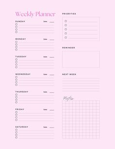 the printable weekly planner is shown on a pink background