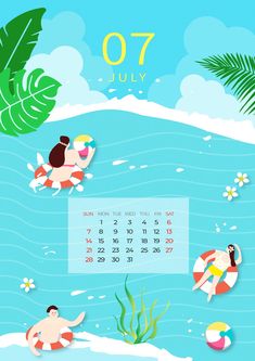 a calendar with people swimming in the ocean