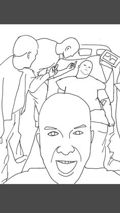 a black and white drawing of a man's face with people around him in the background