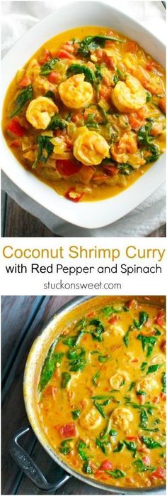 coconut shrimp curry with red peppers and spinach in a white bowl