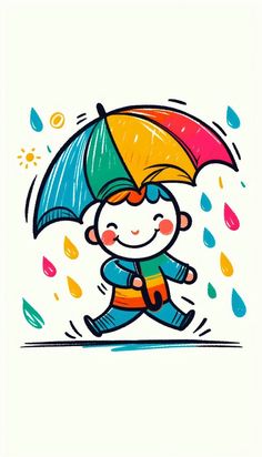 a drawing of a boy running with an umbrella in the rain on a white background