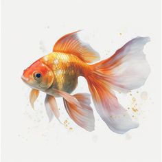 an orange and white goldfish swimming in water with bubbles on it's side