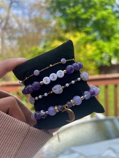 Stacked Bracelet Ideas, Crystal Bracelet Stack, Beaded Bracelet Stacks, Crystal Bracelet Ideas, Handmade Jewelry Diy Bracelets, Lavender Bracelet, Moon Angel, Charm Bead Bracelet, Beaded Bracelet Stack