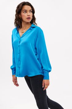 Blusas Satin, Oh Happy Day, Chiffon Blouse, Silk Blouse, Happy Day, Dark Blue, Tunic Tops, Chiffon, Long Sleeve Blouse