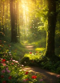 the sun shines brightly through the trees and flowers on this path in the woods