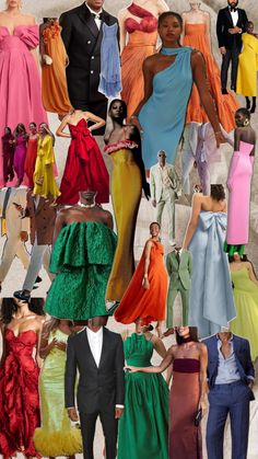 a collage of different colored dresses and men in tuxedos, with one woman standing on the other side