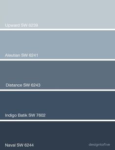 Paint color palette with shades of blue. Color names Upward SW 6239 Aleutian SW 6241 Distance SW 6243 Indigo Batik SW 7602 Naval SW 6244 Benjamin Moore Purple, Steel Blue Paint, Sherwin Williams Blue, Gray Paint Colors, Blue Gray Paint Colors, Blue Accent Walls, Blue Gray Paint, Paint Color Inspiration, Sherwin Williams Colors