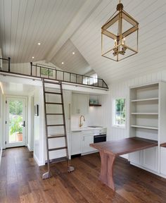 an open concept kitchen and living room with ladder to the upper floor, wood floors