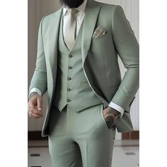 Category:Suits; Season:Spring,Spring, Fall, Winter, Summer; Fabric:Polyester; Front Closure:Single-Breasted Buttons; Style:Formal; Includes:Vest,Pants,Jacket; Occasion:Prom,Wedding; Fit Type:Tailored Fit; Jacket Buttons:Single Breasted One-button; Jacket Vents:Single (Center); Vest Buttons:5; Pattern:Solid Colored; Neckline:Peak; Listing Date:02/02/2024; Production mode:Self-produce; Pant Length:; Pants Waist:; Shoulder Width:; Sleeve Length:; Bust:; Height:null; Weight (kg):null; Hips:null; Clothing Length:; Number of Pieces:3 Piece; Design:Classic Wedding Suits Men Sage Green, Light Green Tuxedo For Men, Mint Green Groomsmen Attire, Dusty Sage Groomsmen Attire, Light Green Wedding Suit, Green Wedding Suits Men, Sage Suits Men, Khaki Tux Wedding