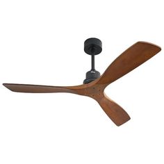 a ceiling fan with two wooden blades on the top and one black blade on the bottom