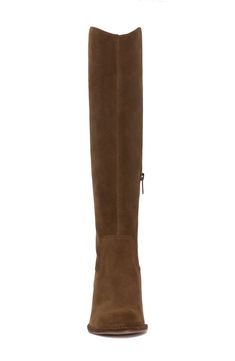 Smooth, polished leather forms the upper of this knee-high boot set atop a slightly curved block heel. 2 3/4" heel 15 1/4" shaft; 14 1/2" regular calf circumference 15 1/4" shaft; 16" wide calf circumference 15 1/4" shaft; 17" extra-wide calf circumference Leather upper/synthetic lining/rubber sole Imported Knee-high Heeled Boots In Calf Leather With Suede Lining, Casual Brown Wide Calf Mid-calf Boots, Wide Calf Knee-high Heeled Boots With Suede Lining, Brown Mid-calf Wide Calf Boots, Wide Calf Brown Mid-calf Boots With Reinforced Heel, Brown Wide Calf Mid-calf Boots With Stacked Heel, Wide Calf Brown Mid-calf Boots With Buckle, Closet Staples, Wide Calf