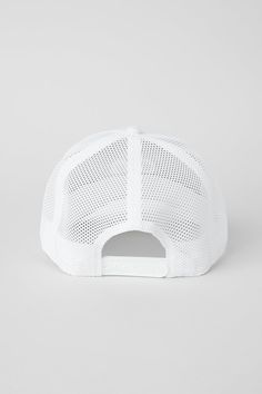 District Trucker Hat - White/White | Alo Yoga White Baseball Cap With Mesh Back, Sports Mesh Trucker Hat With Flat Brim, Mesh Trucker Hat With Flat Brim For Sports, Mesh Baseball Cap With Flat Brim, White Curved Brim Baseball Cap With Mesh Back, Mesh Flat Brim Baseball Cap, White Mesh Trucker Hat With Curved Visor, Flat Brim Mesh Trucker Hat With Mesh Back, White Mesh Baseball Cap With Curved Brim