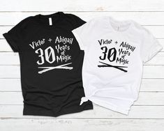 "Our matching couples shirts are made-to-order using direct printing. We don't use vinyl transfer or heat transfer as those methods tend to wear out over time. Direct printing infuses the ink deep into the fabric for a longer lasting finish.  Our \"Years of Magic\" design can be customized with the couples names for a personalized gift. We use Gildan 64000 and Bella+Canvas 3001 tshirts as they are softer than average shirts." Anniversary Shirts, Universal Vacation, Universal Shirts, Couple Tees, Anniversary Shirt, Magic Design, Family Shirts Matching, Matching Couple Shirts, Couple Tshirts