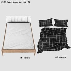 the bed is made up with black and white comforters, pillows, and blankets