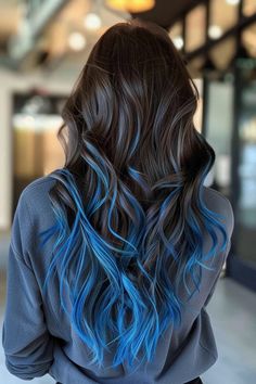 Brown And Blue Hair Ombre, Blue Baylage Hair Dark Brown, Hair Color Inspo For Curly Hair, Brunette And Blue Hair, Blue Hair Highlights Brunette, Blue And Black Hair Ideas, Bright Color Highlights, Brown Hair With Blue Highlights, Blue Hair Tips