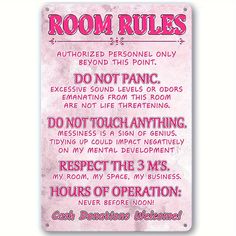 a pink sign that says room rules