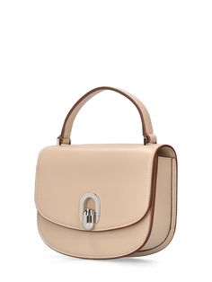 Height: 17cm Width: 14cm Depth: 4cm. Single top handle. Front flap with clasp closure. One internal compartment Handle Bag, Black Tote Bag, Black Mini, Leather Tote Bag, Pink Bag, Leather Top, Beige Color, Leather Handle, Smooth Leather