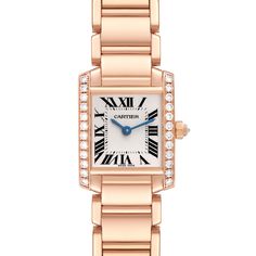 Cartier Tank Francaise Small Rose Gold Diamond Ladies Watch WE10456H. Quartz movement. Rectangular 18K rose gold case, 25.0 x 20.0 mm. Octagonal crown set with an original Cartier factory diamond. Original Cartier factory diamond bezel. Scratch resistant sapphire crystal. Silver dial with black radial Roman numerals. Sword shaped blued steel hands. Secret Cartier signature at 10. 18k rose gold bracelet with hidden butterfly clasp. Will fit up to 6" wrist. Formal Rose Gold Jewelry And Watches With Metal Dial, Classic Pink Gold Watch With Subdials, Classic Rose Gold Diamond Watch, Classic Pink Gold Watches With Diamond Hour Markers, Elegant Rose Gold Diamond Watch For Wedding, Luxury Rose Gold Diamond Watch With Rectangular Dial, Timeless Pink Gold Watch With Diamond Hour Markers, Classic Rose Gold Diamond Watch With Polished Finish, Rose Gold Diamond Watch With Rectangular Dial For Anniversary