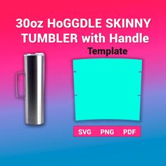 a blue and pink background with the text 300g hoggle skinnyy tumbler with handle