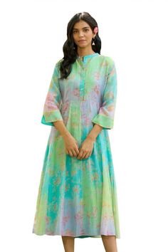 Turquoise paneled dress with all-over floral prints. - Aza Fashions Festive Green Floral Print Dress, Green Printed Dresses For Spring, Green Dresses With Printed Motifs For Spring, Spring Green Dresses With Printed Motifs, Green Spring Dresses With Printed Motifs, Green Anarkali Dress For Summer, Festive Turquoise Bohemian Dress, Green Anarkali Maxi Dress For Spring, Green Straight Kurta With Printed Motifs