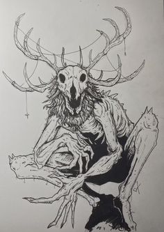 a black and white drawing of a demon with horns on it's head sitting on a tree branch