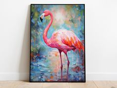 a painting of a pink flamingo standing in front of a white wall and wooden floor