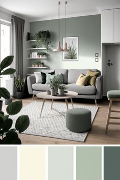 a living room filled with furniture and lots of greenery in shades of gray, green, yellow and white