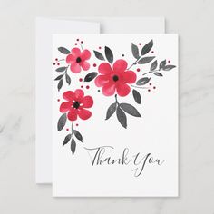 a thank card with red flowers on it