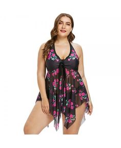 Plus Size Flower Sheer Tankini Set - Rose Red - 3K78908223 Size L Plus Size Tankini, Halter Tankini, Ashley Graham, Tankini Set, Plus Size Swimsuits, Trendy Plus Size Clothing, Swimsuit Set, Plus Size Kleidung, Looks Chic