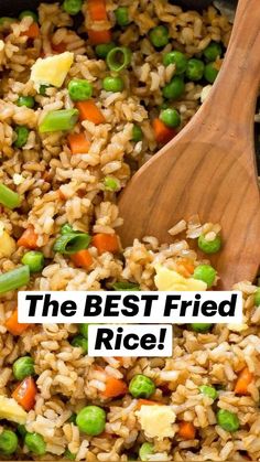 rice with peas and carrots in a white bowl next to the words, the best fried rice