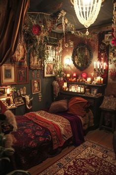 a bedroom decorated with candles and pictures on the wall, lights hanging from the ceiling