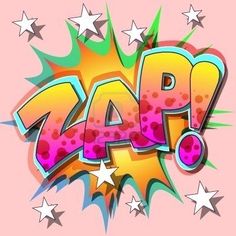 the word zap is written in bright colors and stars on a light pink background