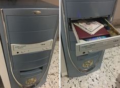 two pictures of an old computer tower with money in it's drawer and on top of the file cabinet