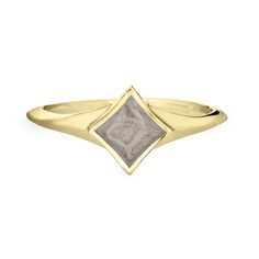 a yellow gold ring with a grey diamond in the center and a square shaped band