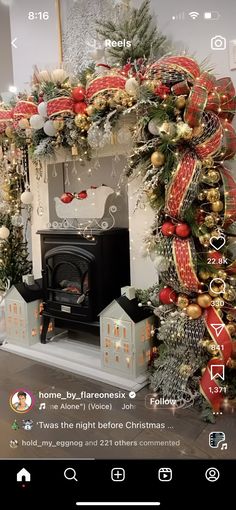 a christmas fireplace decorated with red and gold ornaments