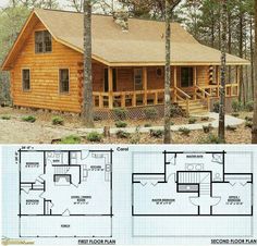 two story log cabin floor plans with loft and living quarters on the first level are shown