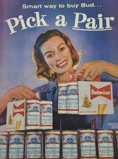 an advertisement for budweiser beer with a woman holding up stacks of cans in front of her