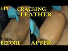 two images showing how to fix leather furniture with gloves and blue gloves on the armrests