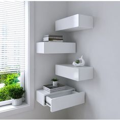 a white shelf with some books and a potted plant on it next to a window