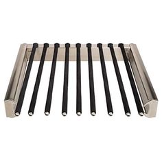 a stainless steel rack with six black handles