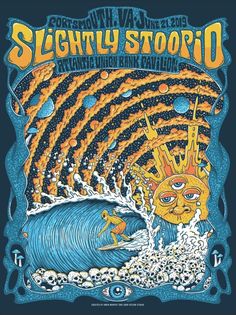 a concert poster with an image of a man riding a wave