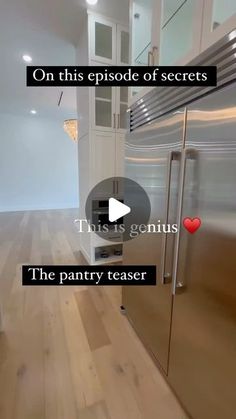 a stainless steel refrigerator freezer sitting inside of a kitchen next to a wooden floor