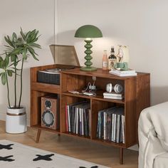 a living room with a book shelf, record player and plant on the floor next to it