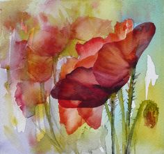 watercolor painting of red flowers on green and yellow background