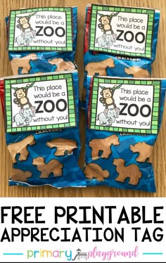 three bags of zoo animals with the words free printable appreciation tags on them and an image