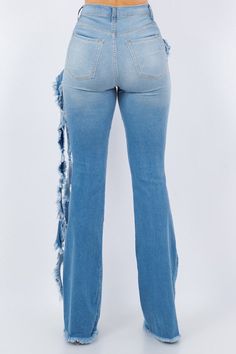 Stay cool and ready for anything in our Unique Boot Cut Pants! The light wash denim with stretchiness and fray detail keeps you stylish and comfortable, while front and back pockets make it easy to stay organized. So you can strut your stuff with confidence, knowing these USA-made pants have you covered! Silhouette: boot cut, boot cut jean Length: full length Closure: button, zipper Made In: USAFabric Contents: 98% Cotton, 2% Spandex Stretch fabric Non-sheer fabric Care Instructions: Dry CleanSi Stretch Light Wash Jeans With Frayed Hem, Non-stretch Distressed Light Wash Jeans, Ripped Light Wash Full Length Flare Jeans, Trendy Stretch Cutoff Jeans, Medium Wash Denim Flare Jeans With Frayed Hem, Stretch Cutoff Jeans With Frayed Hem, Denim Flare Jeans With Frayed Hem In Medium Wash, Trendy Stretch Jeans With Frayed Hem, Light Wash Straight Leg Jeans With Frayed Hem