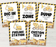 four construction zone signs with dump trucks on them