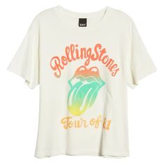 White Band Tee Rolling Stones With The Dyed Color Effect On Logo. Vintage Style Band Tee. By Brand “Day” From Nordstrom Rolling Stones Band, Santa Tee, Nordstrom Women, Yellow Tees, On Logo, Linen Tee, Logo Vintage, Paris Woman, Pink And White Stripes